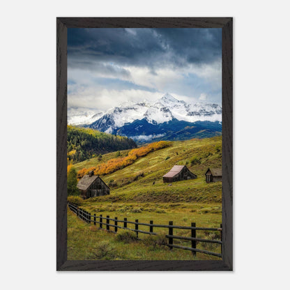 Framed Giclée fine art print of Telluride, Colorado, featuring rustic barns and snow-capped mountains.