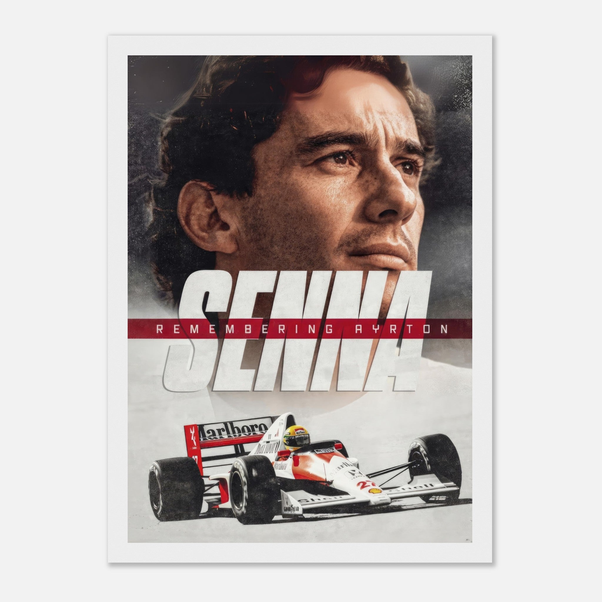 Ayrton Senna framed art print featuring a portrait and racing car, celebrating the legacy of a Formula 1 icon.