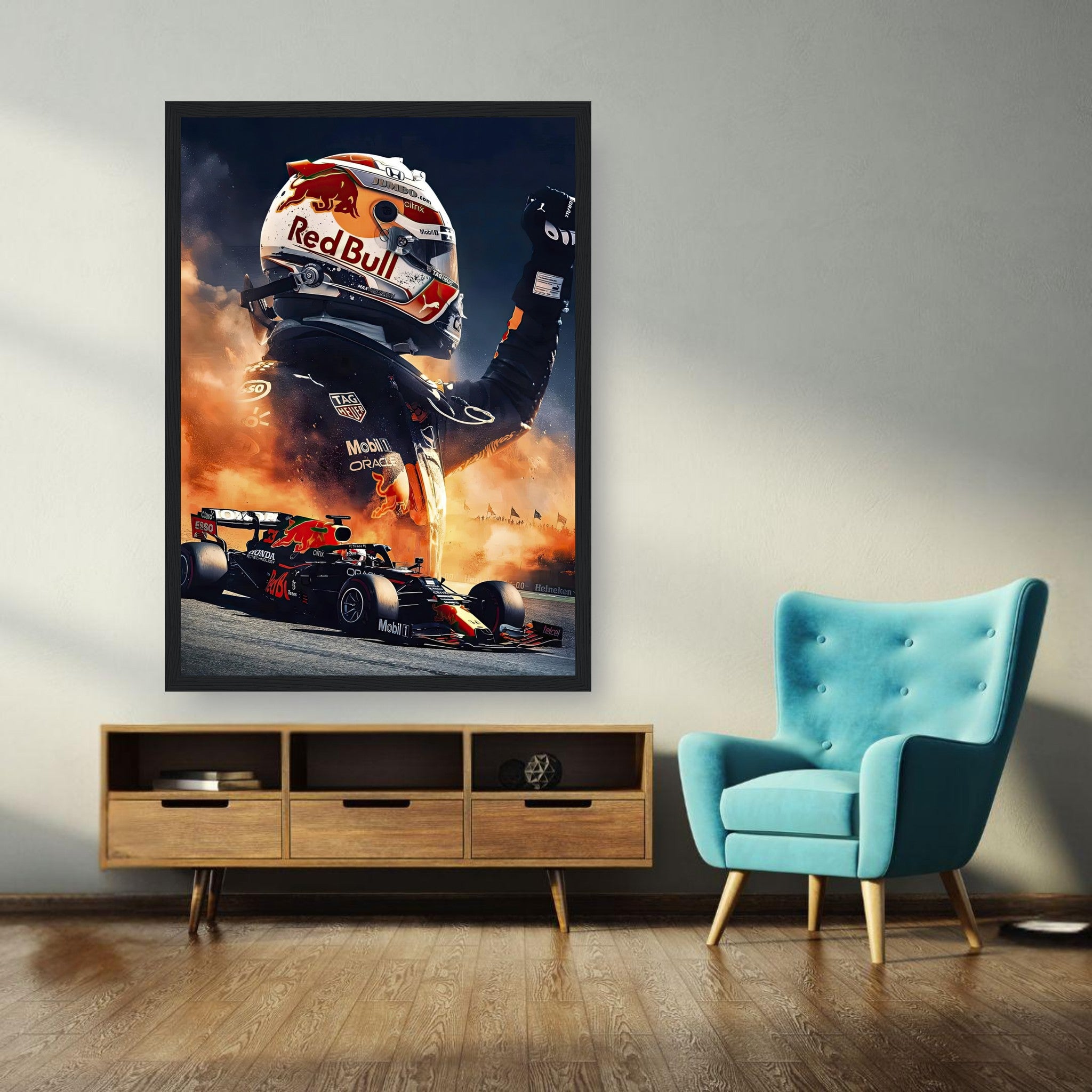 Max Verstappen Red Bull framed print showcasing F1 speed and determination in a modern living room setting.