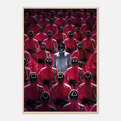 Squid Game Guards framed print featuring pink-clad guards and their leader in a dramatic, suspenseful scene.