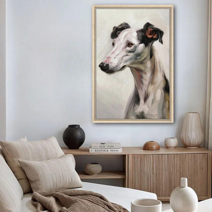 Framed greyhound dog painting displayed in a modern living room, highlighting artistic elegance and charm.