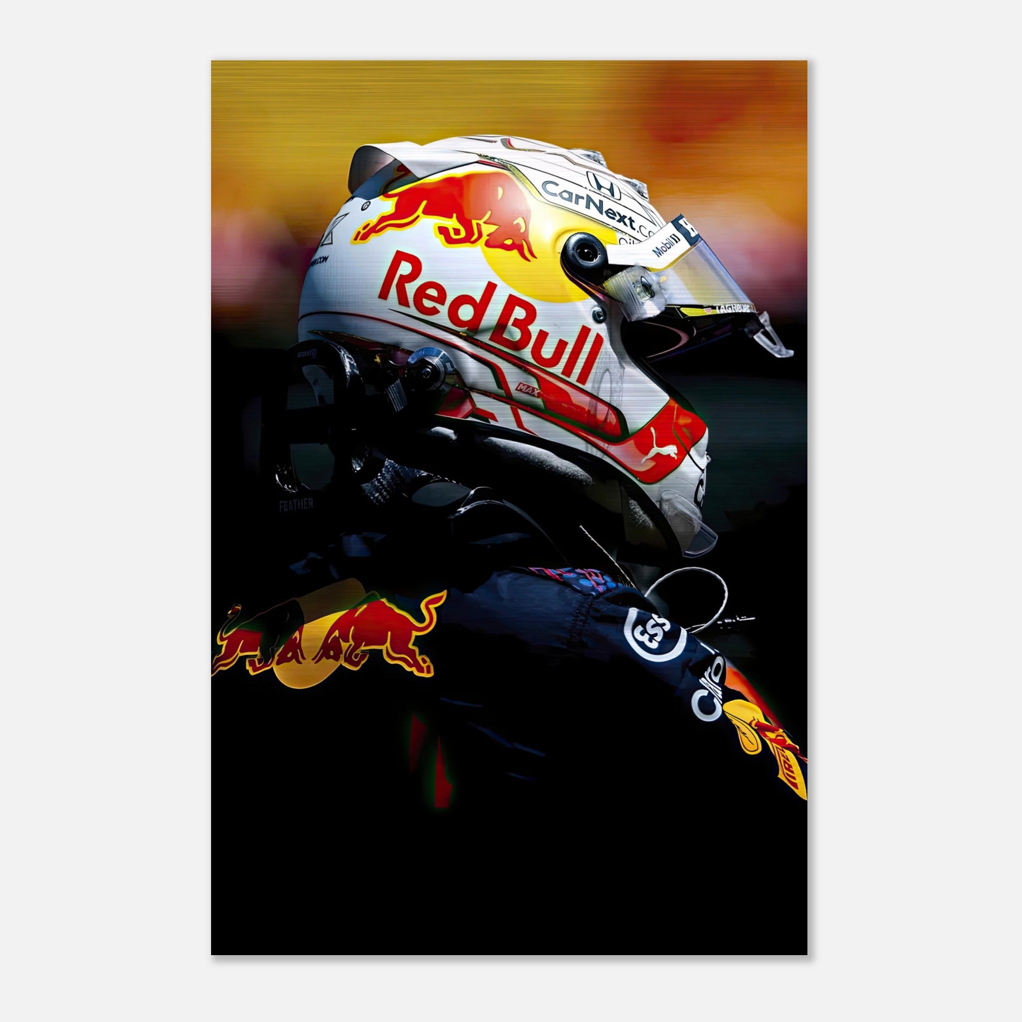 Max Verstappen Red Bull Racing helmet print on brushed metal, showcasing vibrant colors and dynamic design for modern decor.