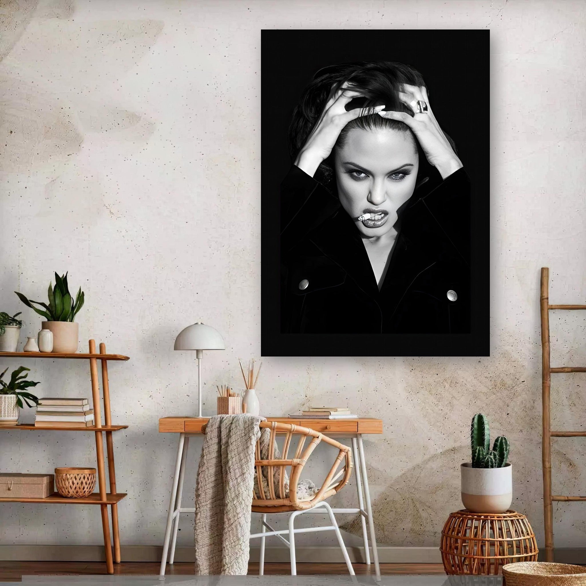 Angelina Jolie Smoking metal print on wall, showcasing bold black-and-white photography in a modern interior setting.