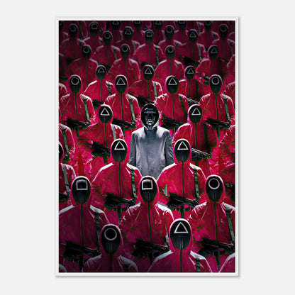 Squid Game Guards framed print showcasing pink-clad guards and their leader in a dramatic, suspenseful setting.