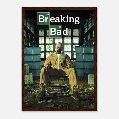 Walter White framed poster from Breaking Bad, featuring him in a yellow hazmat suit against a dramatic backdrop.