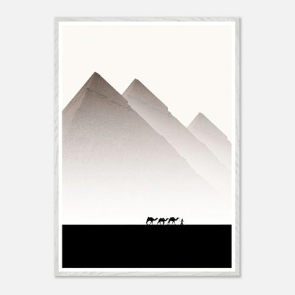 Minimalist art of the Pyramids of Giza with silhouettes of camels and a traveler, showcasing timeless elegance.