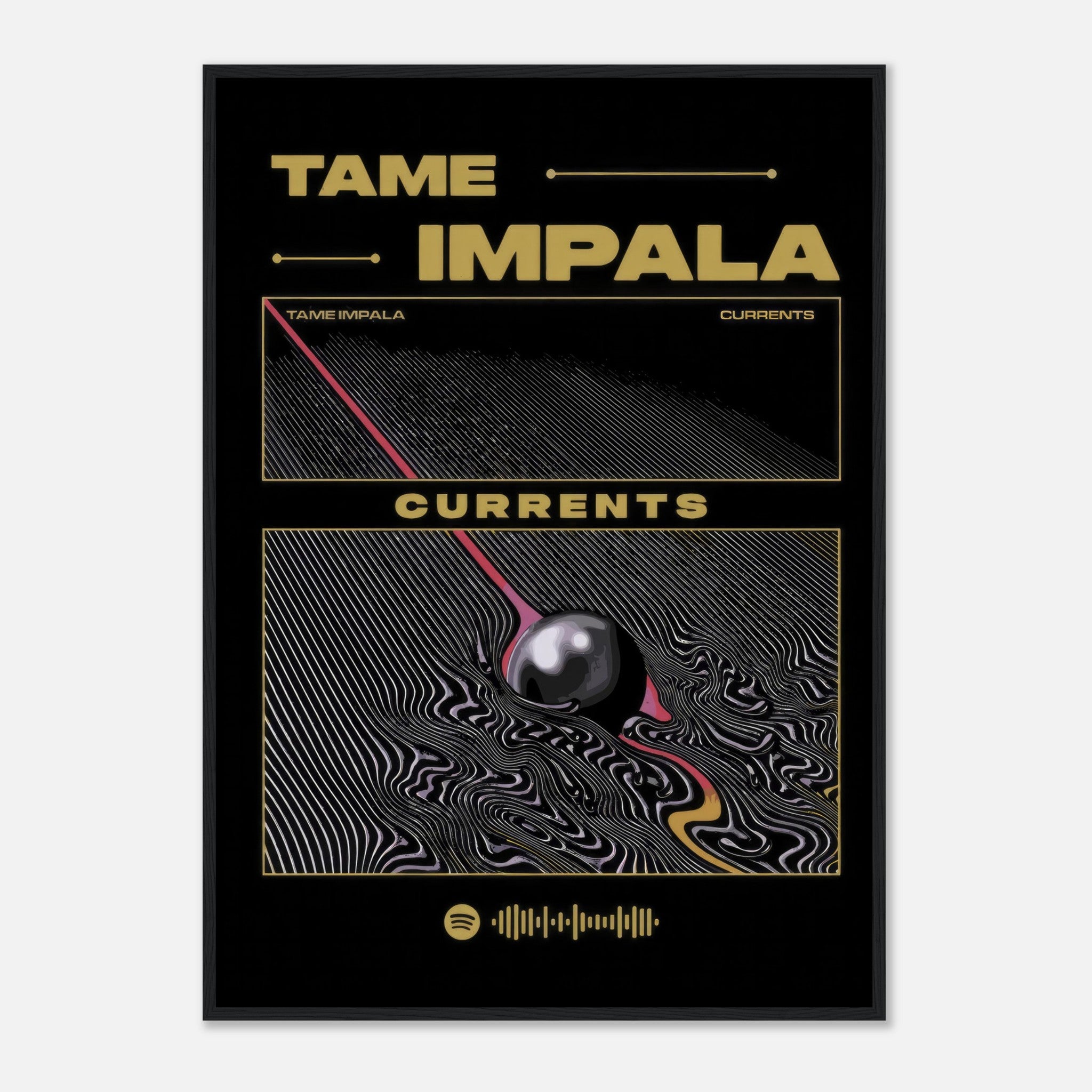 Tame Impala Currents framed poster featuring bold psychedelic artwork and album details in vibrant colors.