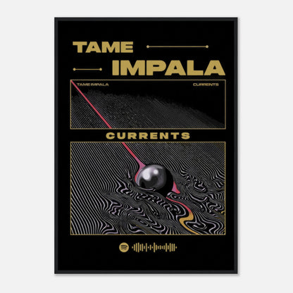 Tame Impala Currents framed poster featuring bold psychedelic artwork and album details in vibrant colors.