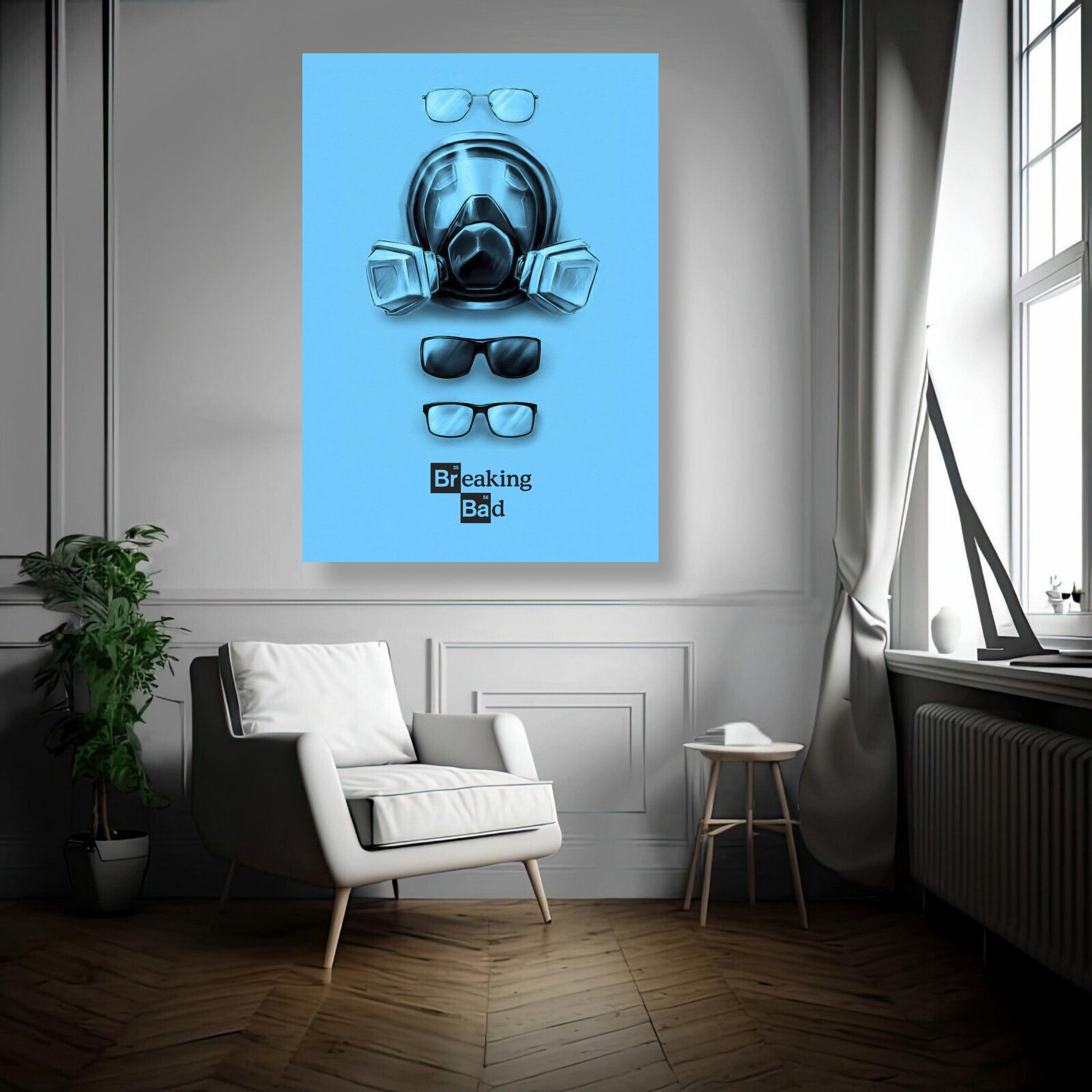 Minimalist Breaking Bad metal poster featuring gas mask and eyewear on a vibrant blue background, enhancing room decor.