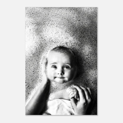 Black-and-white baby bath photography metal print capturing a joyful moment in a bubbly bath.