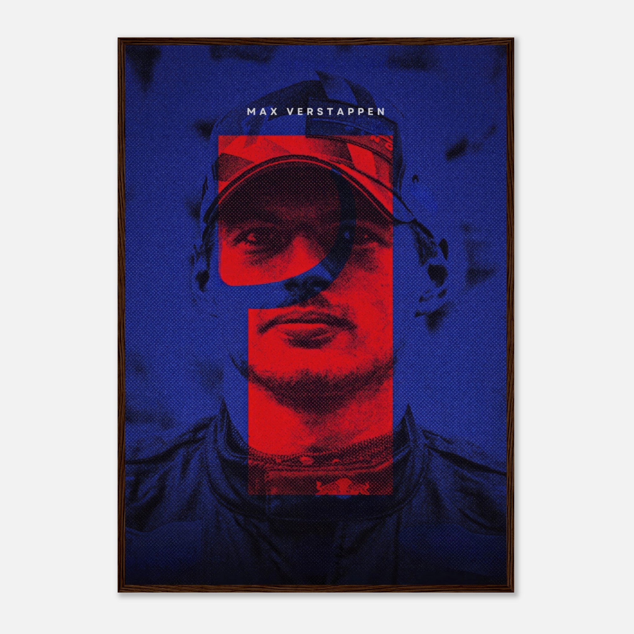 Framed print of Max Verstappen, featuring bold red and blue colors celebrating his racing spirit and achievements.