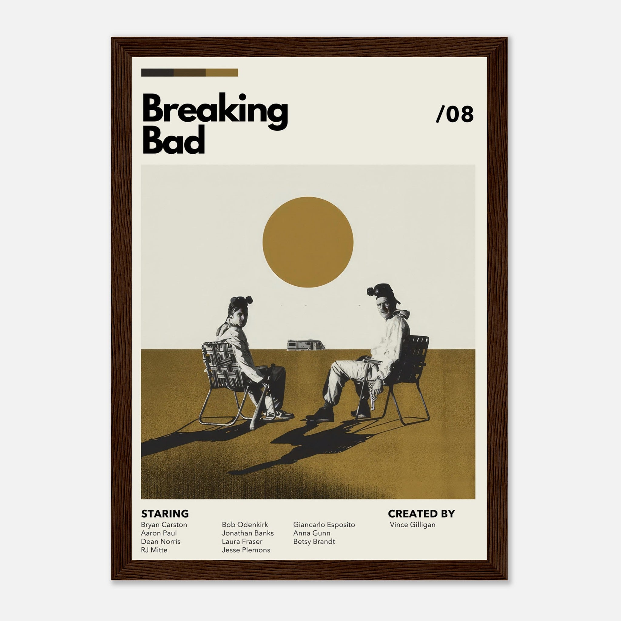 Vintage Breaking Bad framed print featuring Walter White and Jesse Pinkman in minimalist design with earthy tones and bold sun motif.