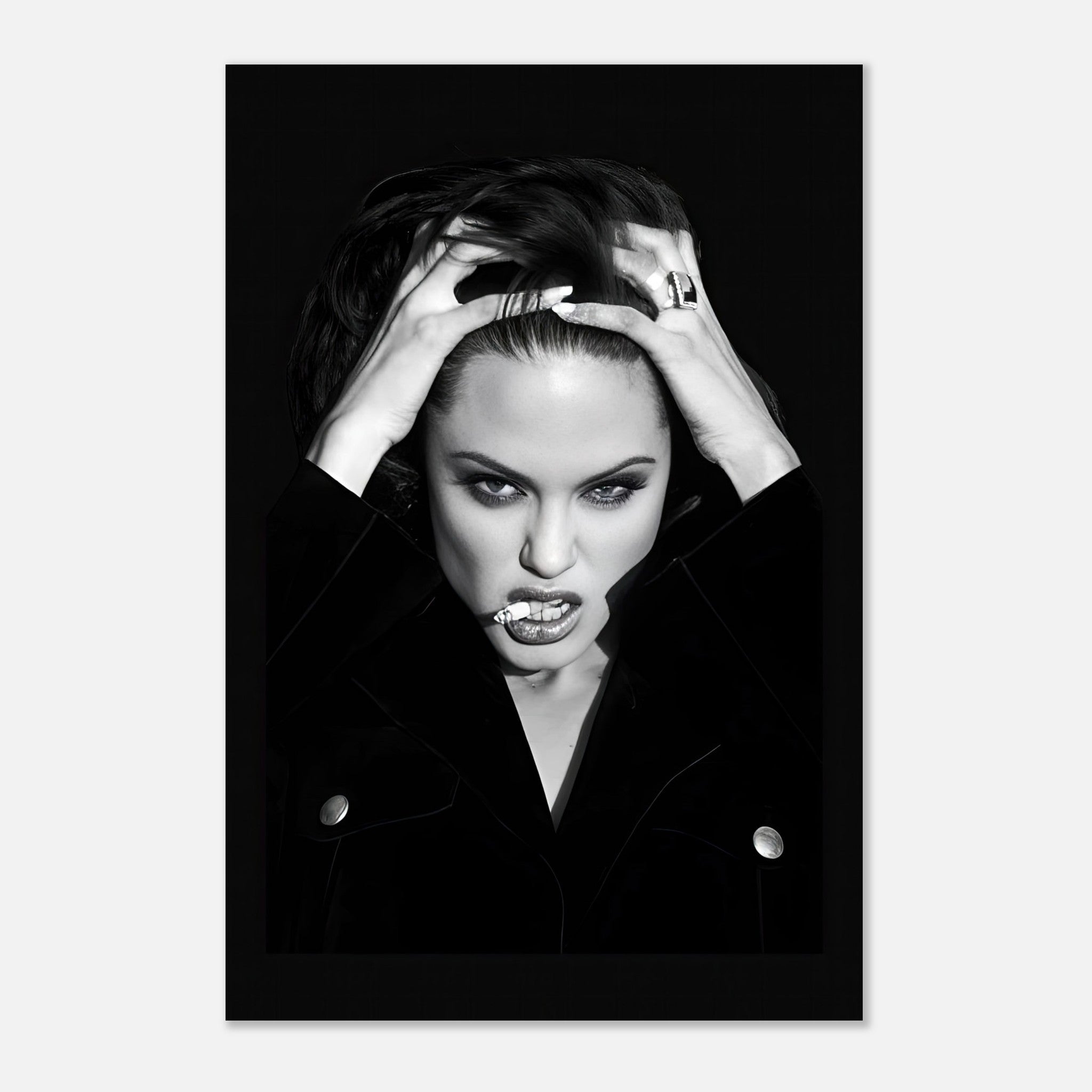 Angelina Jolie Smoking metal print in black-and-white, showcasing intense emotion and bold style. Perfect for art lovers.