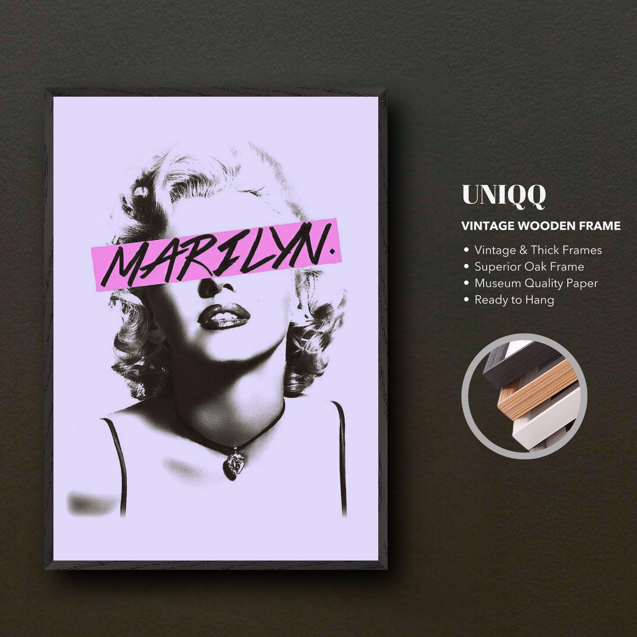 Vintage framed print of Marilyn Monroe with bold pink graphic detail, ready to hang, perfect for elegant decor.