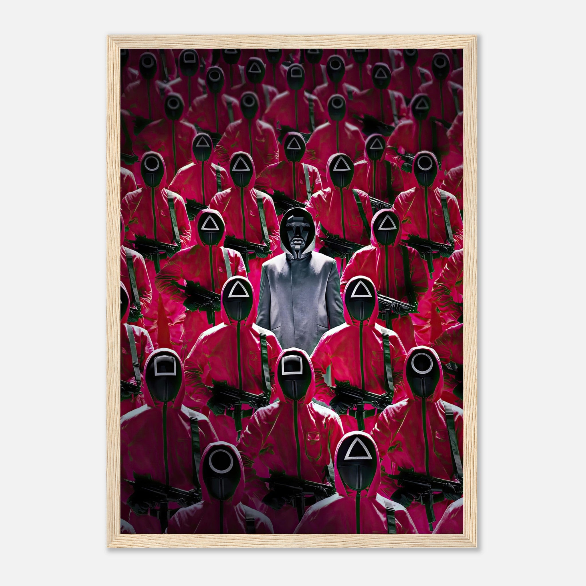 "Framed print of Squid Game guards in pink uniforms with their leader in the center, capturing suspense and drama."