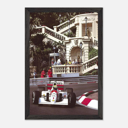 Ayrton Senna racing in a McLaren at Monaco, framed fine art print showcasing motorsport history.