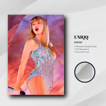 Taylor Swift Eras Tour poster showcasing her dazzling performance in a sparkling outfit on high-quality paper.