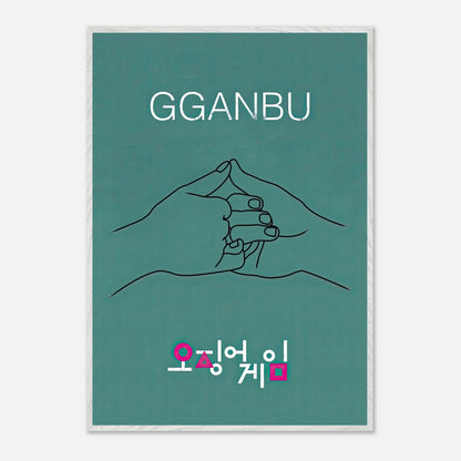 GGANBU Squid Game fine art print featuring two hands in a pinky promise on a deep teal background.