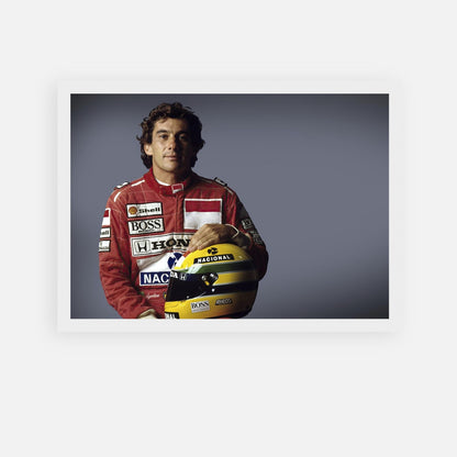 Ayrton Senna portrait in racing suit holding a helmet, perfect for motorsport enthusiasts and decor lovers.