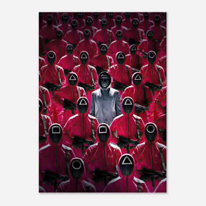 Squid Game Guards poster featuring masked guards in pink jumpsuits surrounding the Front Man in a striking visual composition.