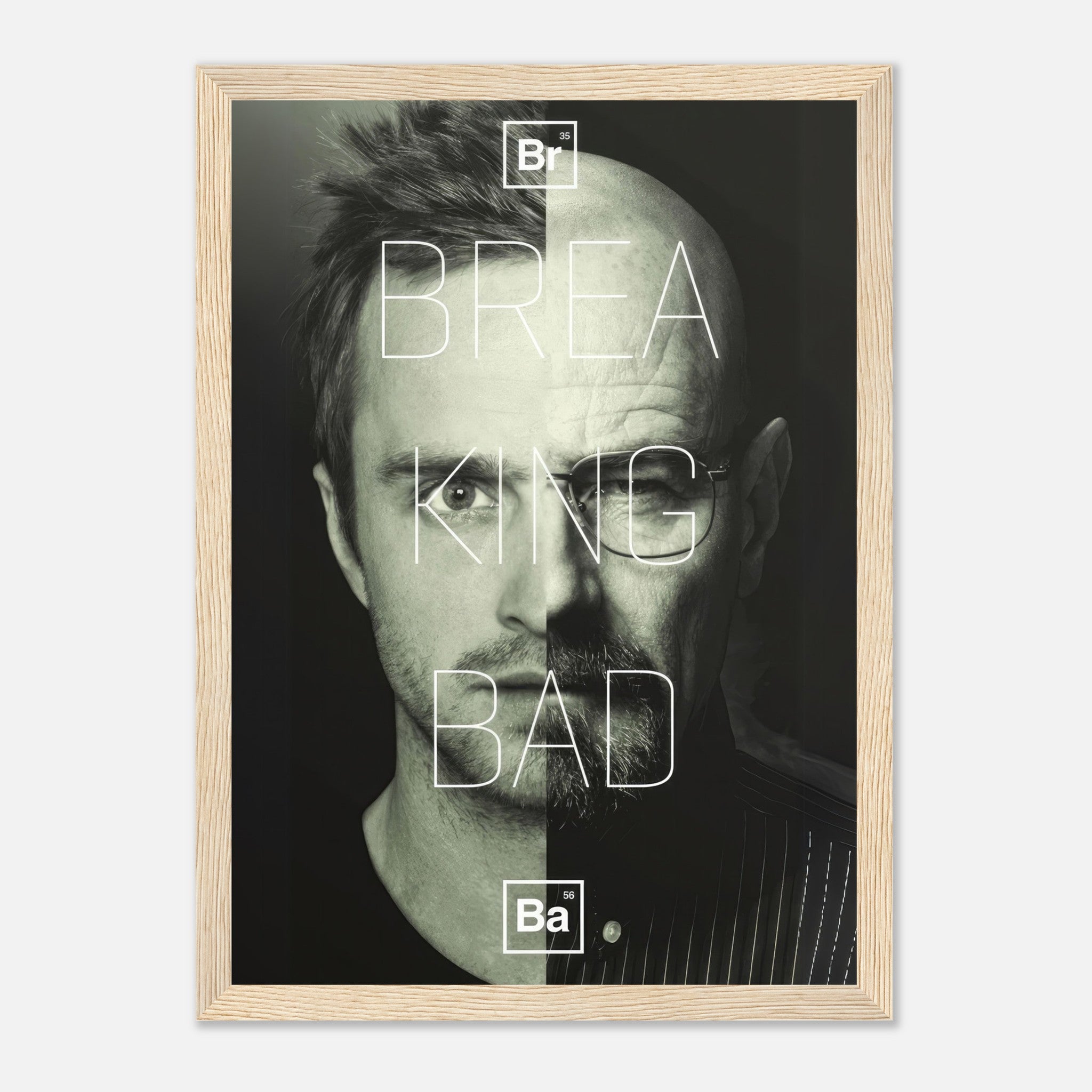 Jesse x Walter Breaking Bad framed print showcasing iconic split-face design in high resolution, perfect for fans and collectors.