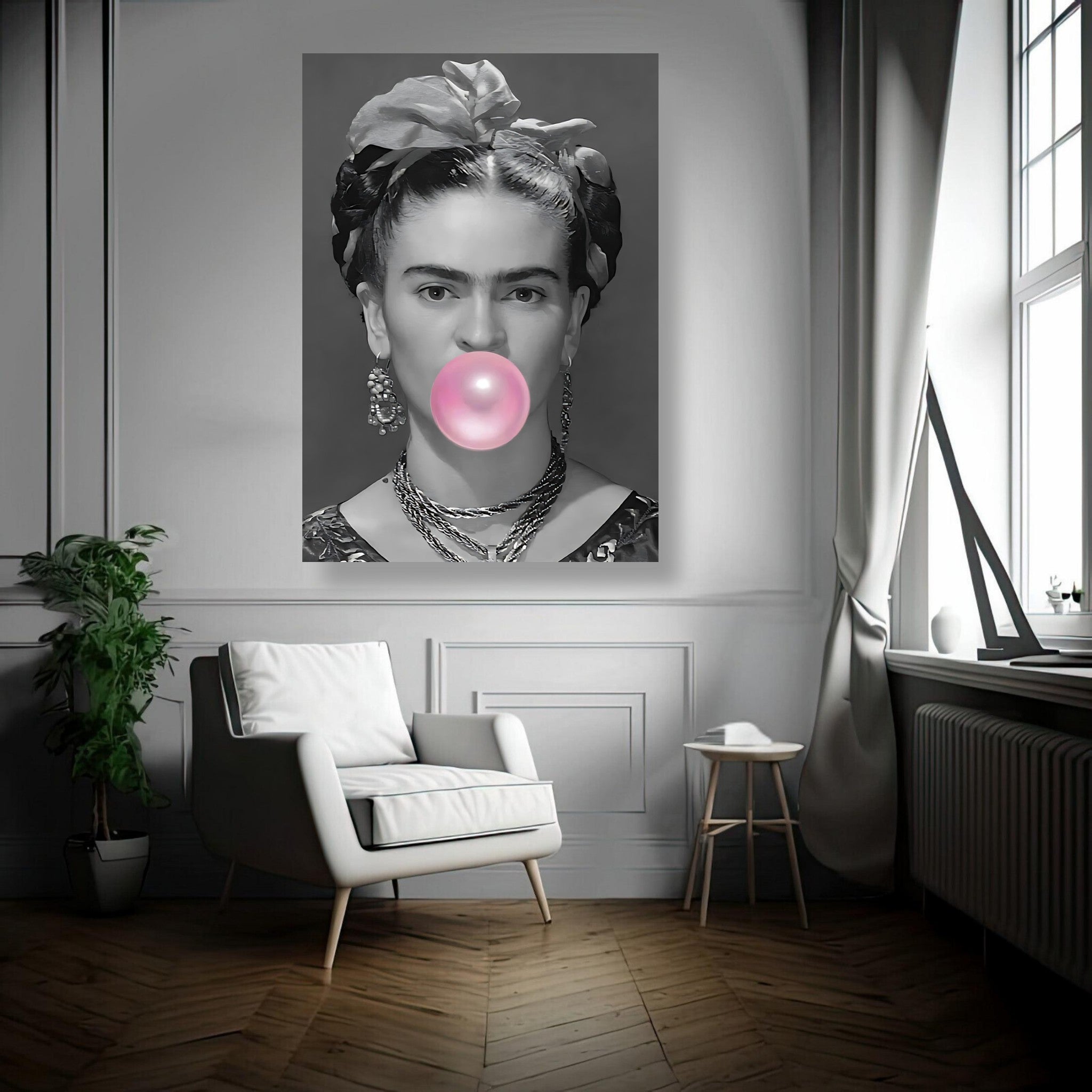 Frida Kahlo Bubble Gum metal print featuring a black-and-white image of Kahlo blowing a pink bubble in a stylish interior.