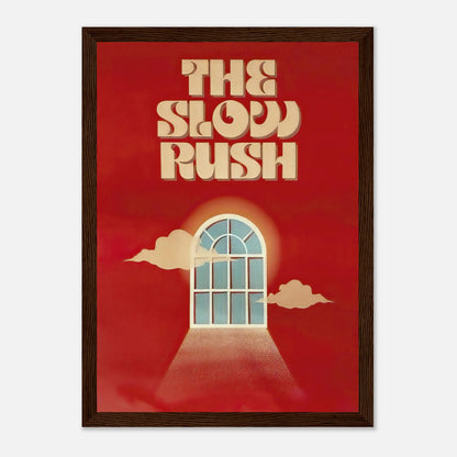 Framed art print titled "The Slow Rush" featuring retro typography and a dreamy window design on a vibrant red background.