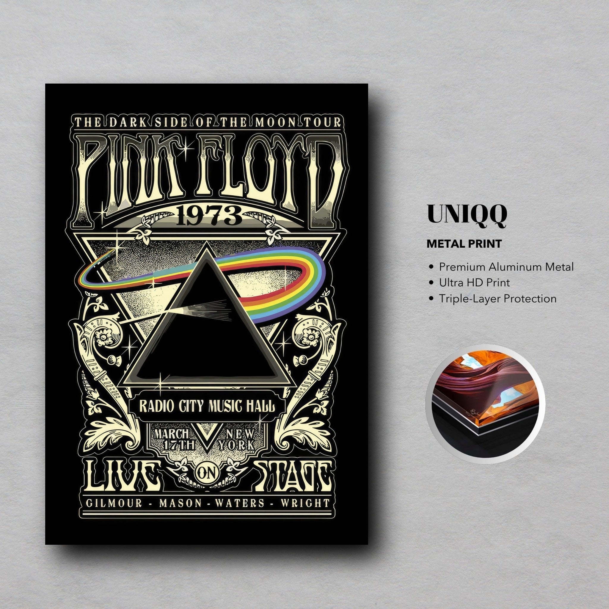 Pink Floyd The Dark Side of the Moon metal print featuring 1973 Radio City Music Hall design with prism art.