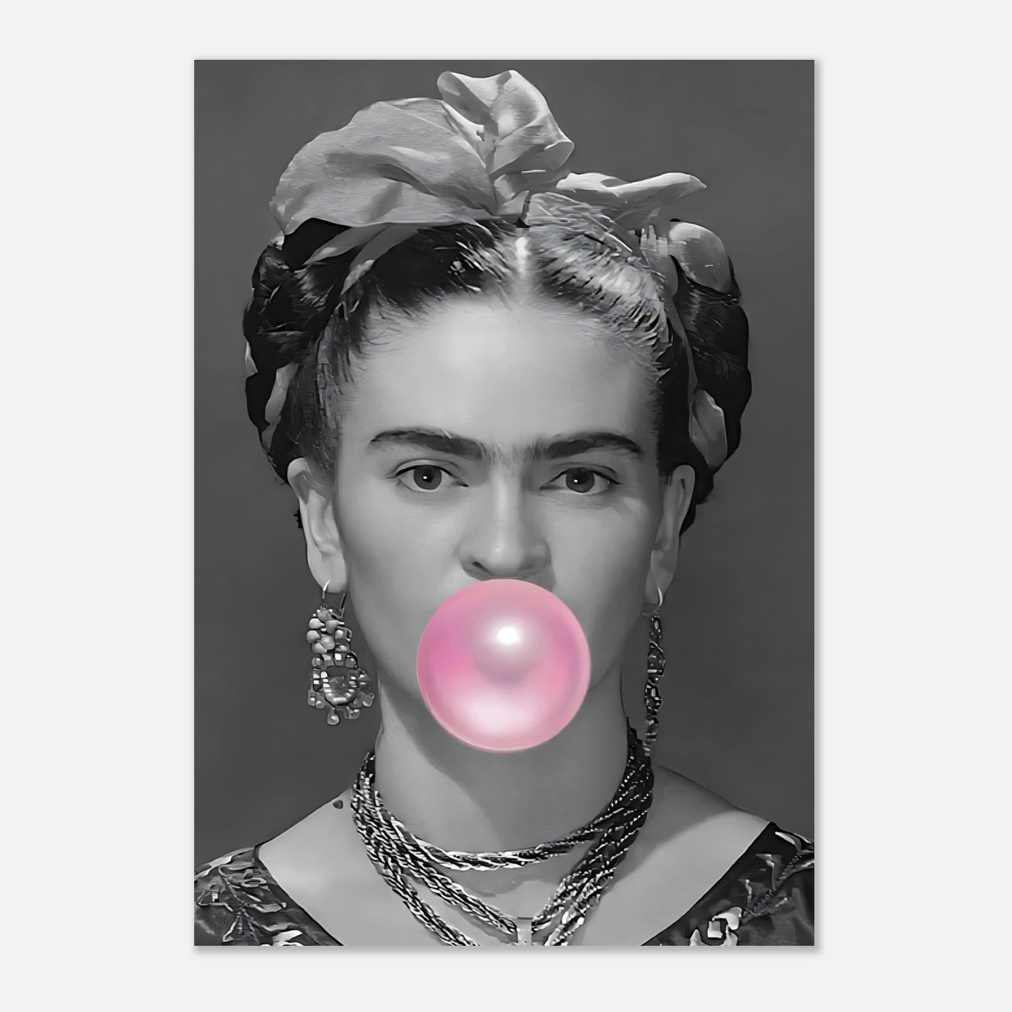 Frida Kahlo black-and-white poster with pink bubble gum, blending modern whimsy with classic elegance.