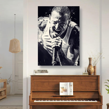 Chester Bennington metal print in a modern living room, showcasing intense performance by Linkin Park frontman.