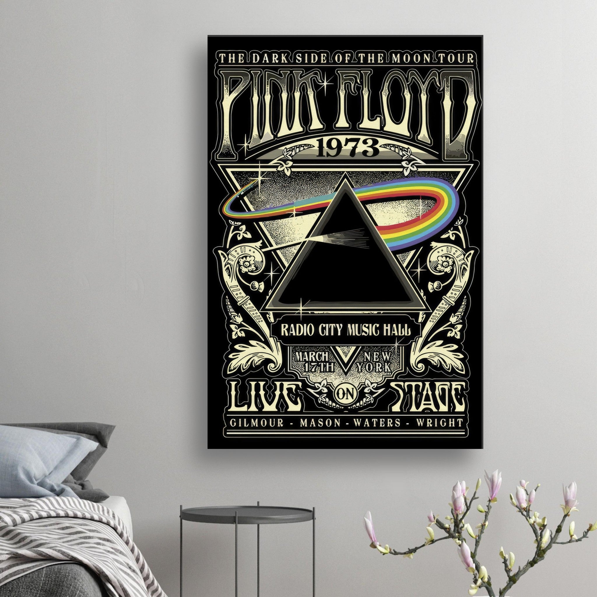 Pink Floyd The Dark Side of the Moon canvas art featuring vintage tour design and bold prism artwork.