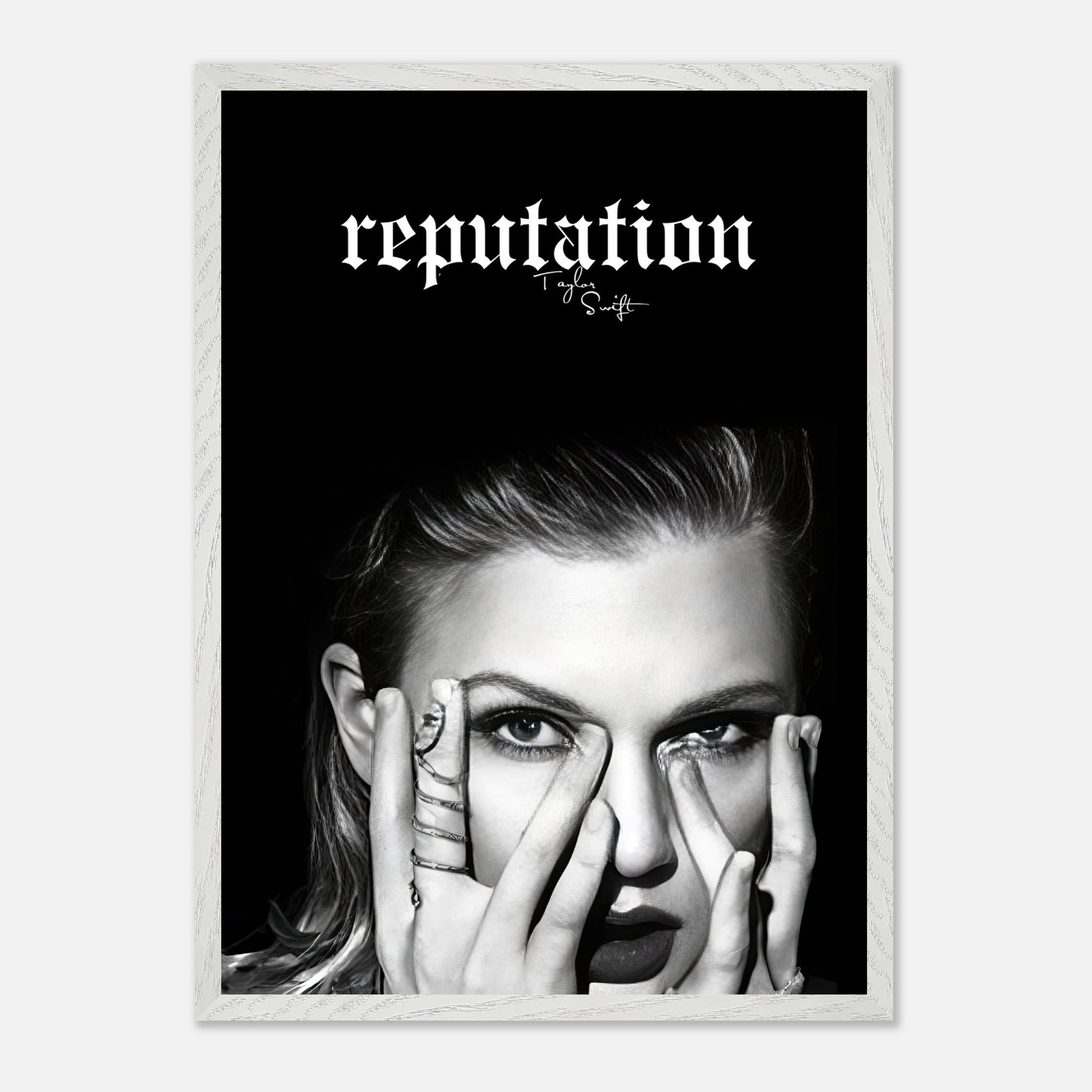 Taylor Swift Reputation vintage framed print featuring a monochrome portrait and bold logo, perfect for fans celebrating her artistry.