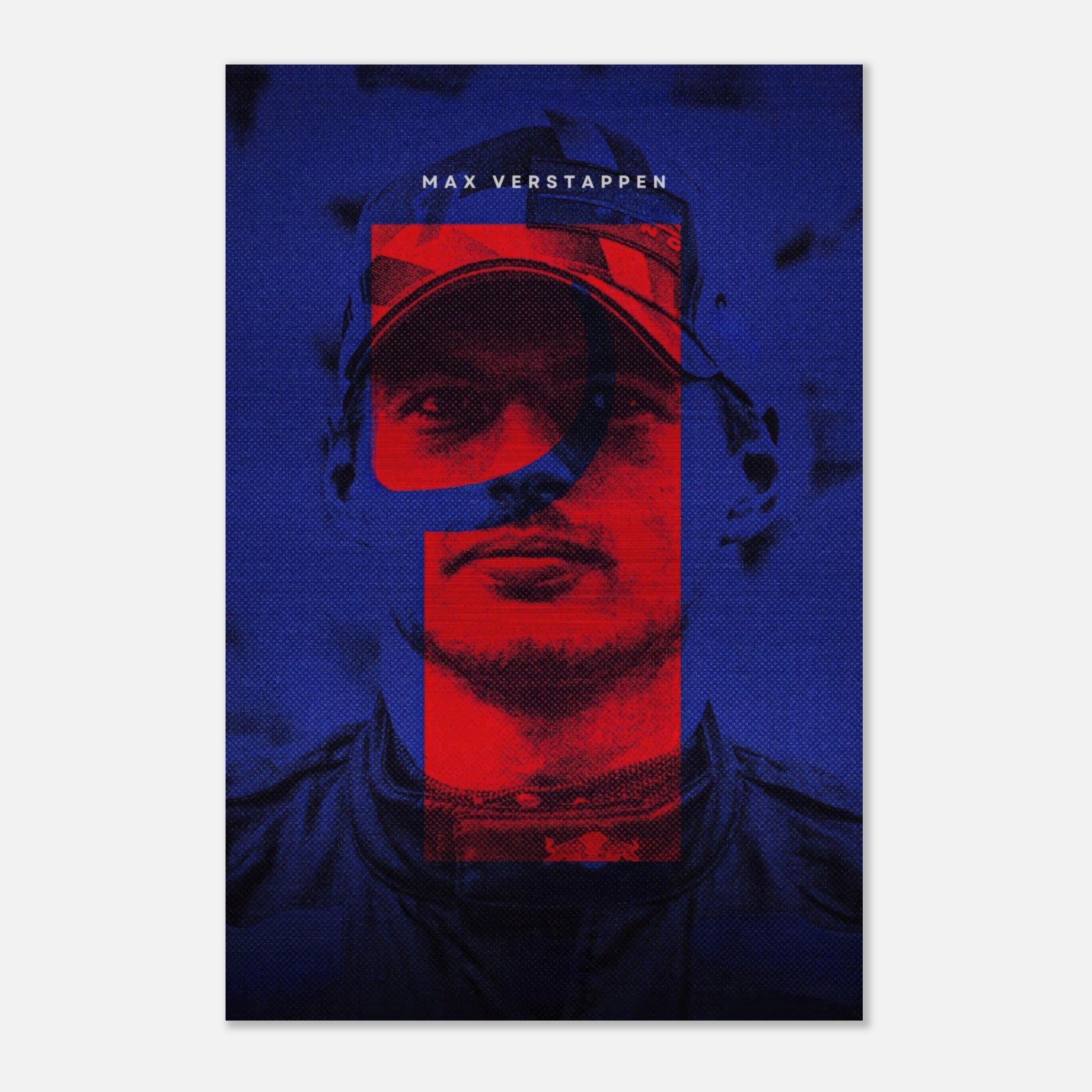 Max Verstappen brushed metal print featuring dynamic red and blue design, showcasing F1 spirit with sleek texture.