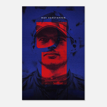 Max Verstappen brushed metal print featuring dynamic red and blue design, showcasing F1 spirit with sleek texture.