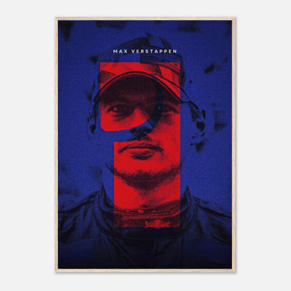 Max Verstappen framed print showcasing bold colors and dynamic design, perfect for Formula 1 enthusiasts.