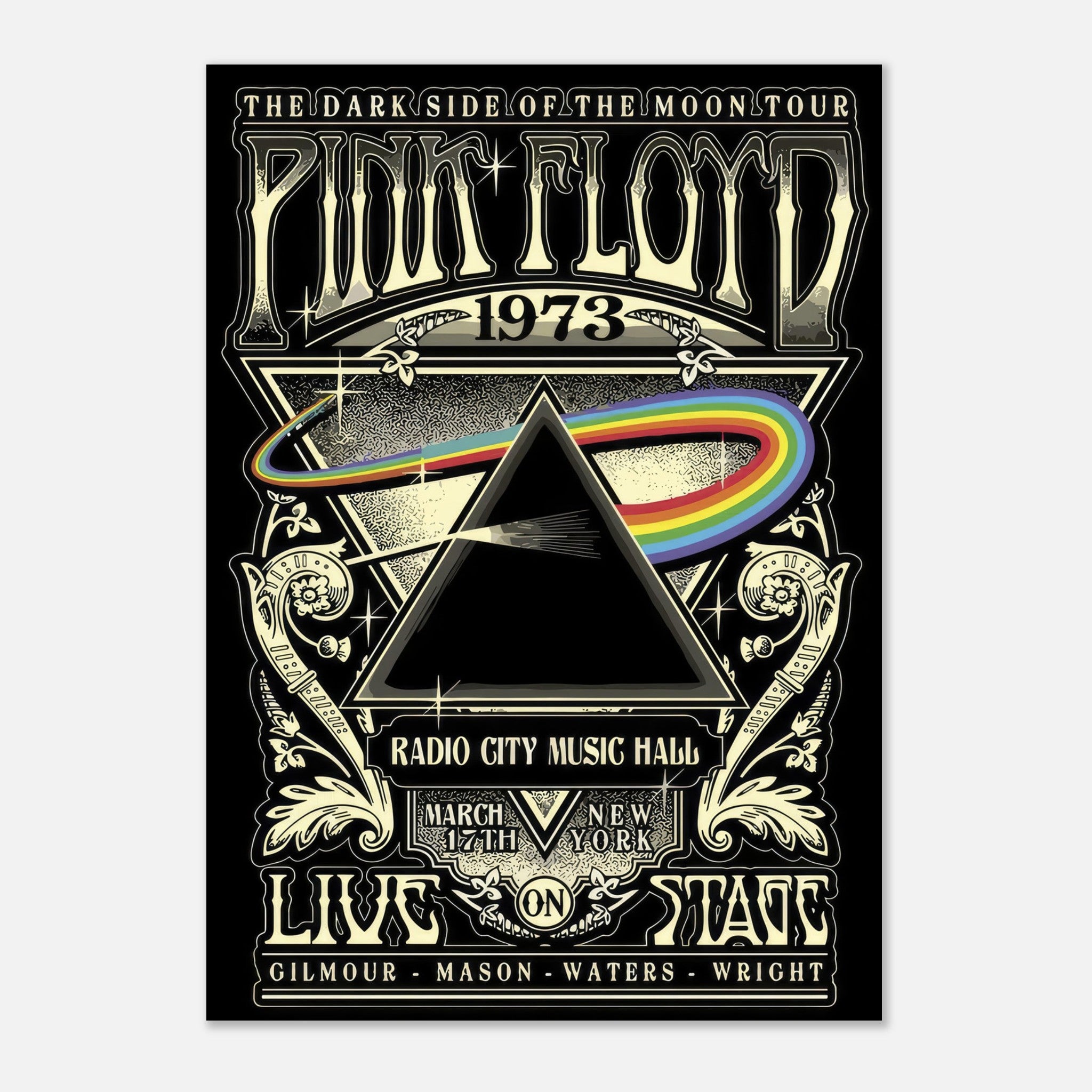 Pink Floyd 1973 concert poster for The Dark Side of the Moon tour at Radio City Music Hall with iconic prism design.