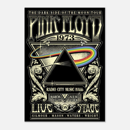 Pink Floyd 1973 concert poster for The Dark Side of the Moon tour at Radio City Music Hall with iconic prism design.