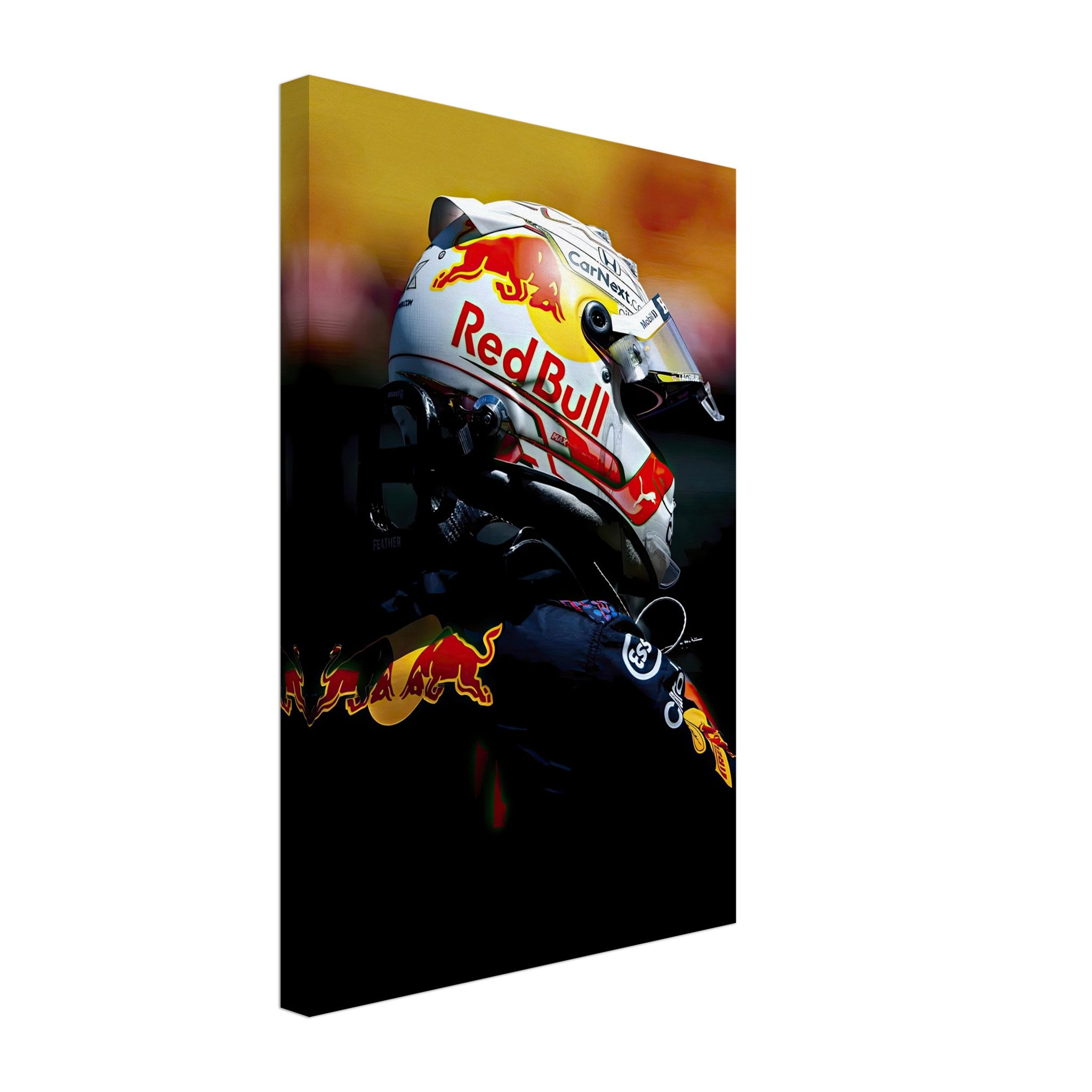 High-quality canvas print of Max Verstappen in Red Bull Racing gear, showcasing vibrant colors and intricate details.