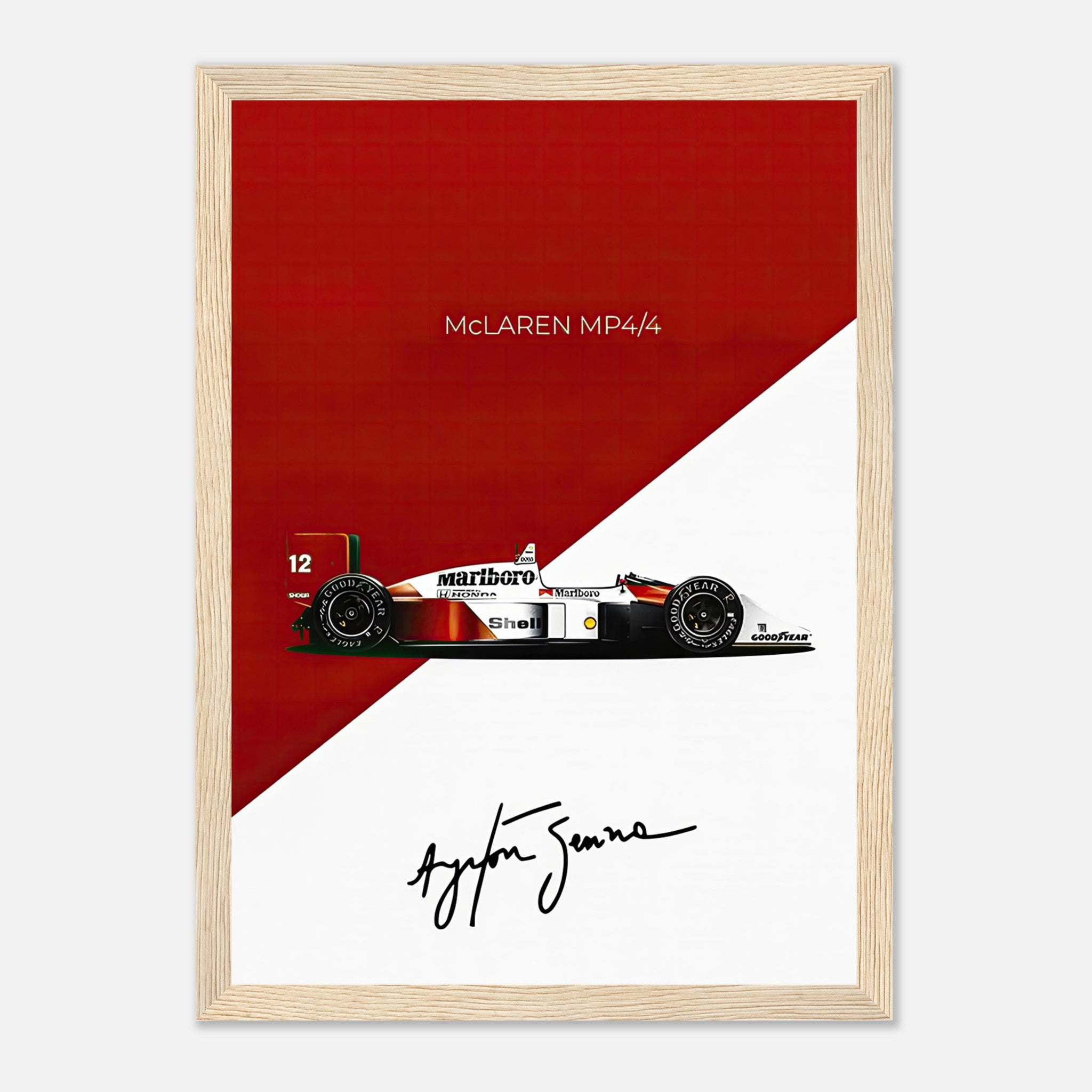 Ayrton Senna McLaren MP4/4 framed print with red and white design featuring his signature and iconic Formula 1 car.