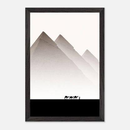 Framed Giclée art of the Pyramids of Giza with camels, showcasing elegant minimalism and tranquility.