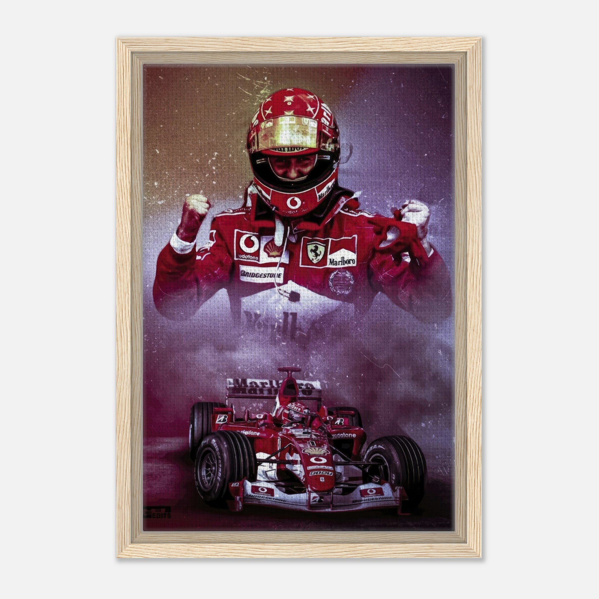 Michael Schumacher framed canvas print featuring vibrant colors and iconic F1 moments, celebrating his motorsport legacy.