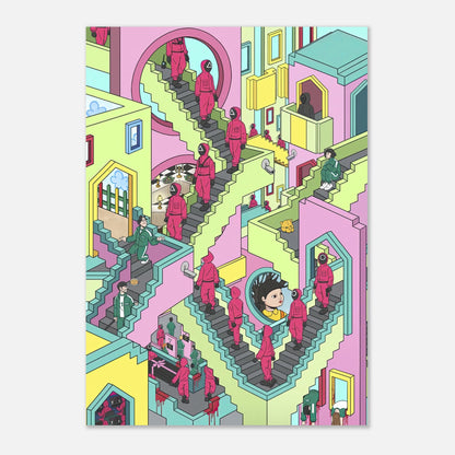 Squid Game Stairs poster featuring vibrant colors and intricate design inspired by the iconic staircase scene.