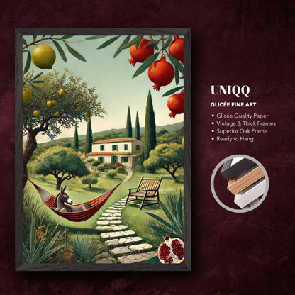 Giclée fine art print of a Mediterranean landscape with a hammock, villa, trees, and vibrant pomegranate fruit.