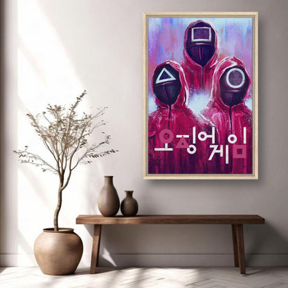 Squid Game framed canvas print featuring iconic masked guards in red uniforms, displayed in a modern interior setting.