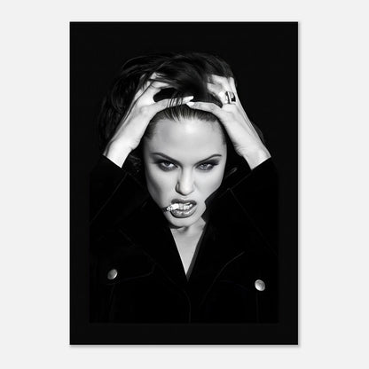 Angelina Jolie smoking poster featuring bold black-and-white artwork, showcasing confidence and sophistication.