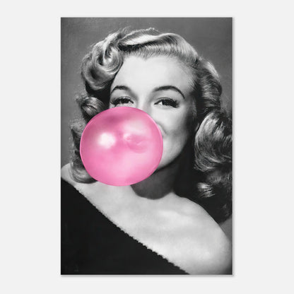 Marilyn Monroe blowing pink bubble gum in a playful metal print, combining classic Hollywood glamour with cheeky fun.