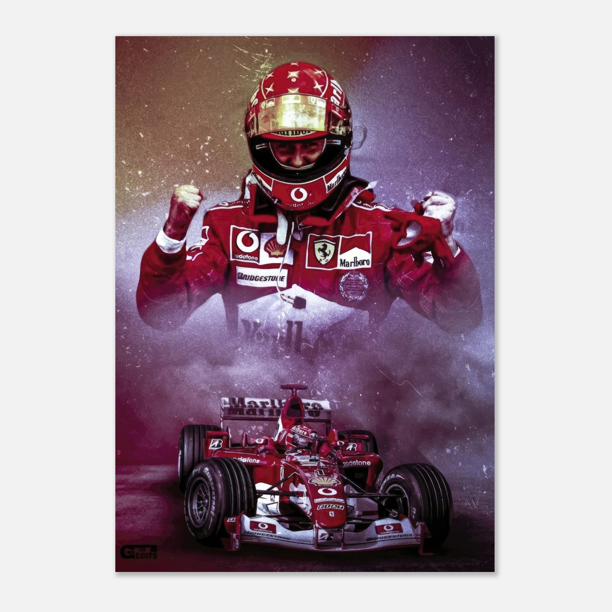 Michael Schumacher poster featuring him in Ferrari racing suit, celebrating his legacy with dynamic F1 car backdrop.