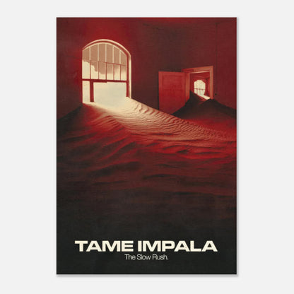 Tame Impala "The Slow Rush" poster featuring surreal red and sand imagery, ideal for home decor and music fans.