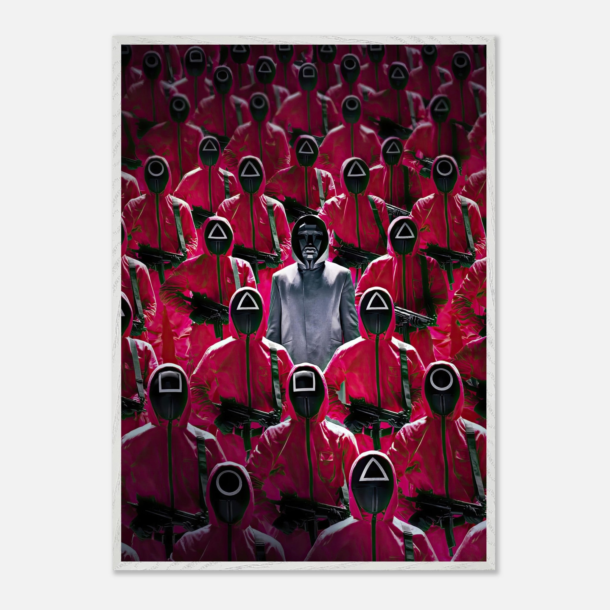 Squid Game Guards Fine Art Print featuring iconic pink guards and the Front Man in intricate detail.