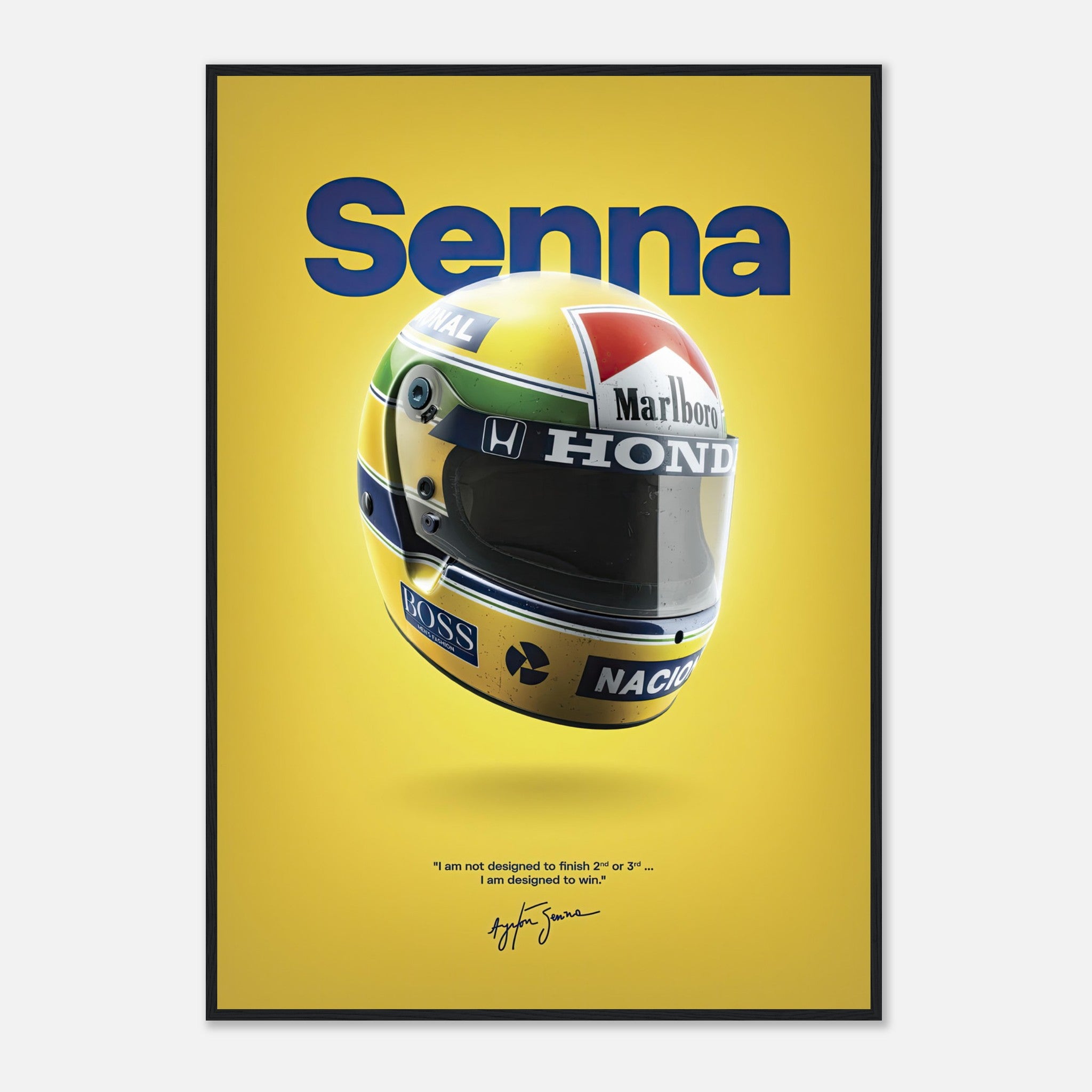 Ayrton Senna helmet framed poster featuring iconic colors and quote, perfect for motorsport enthusiasts and collectors.